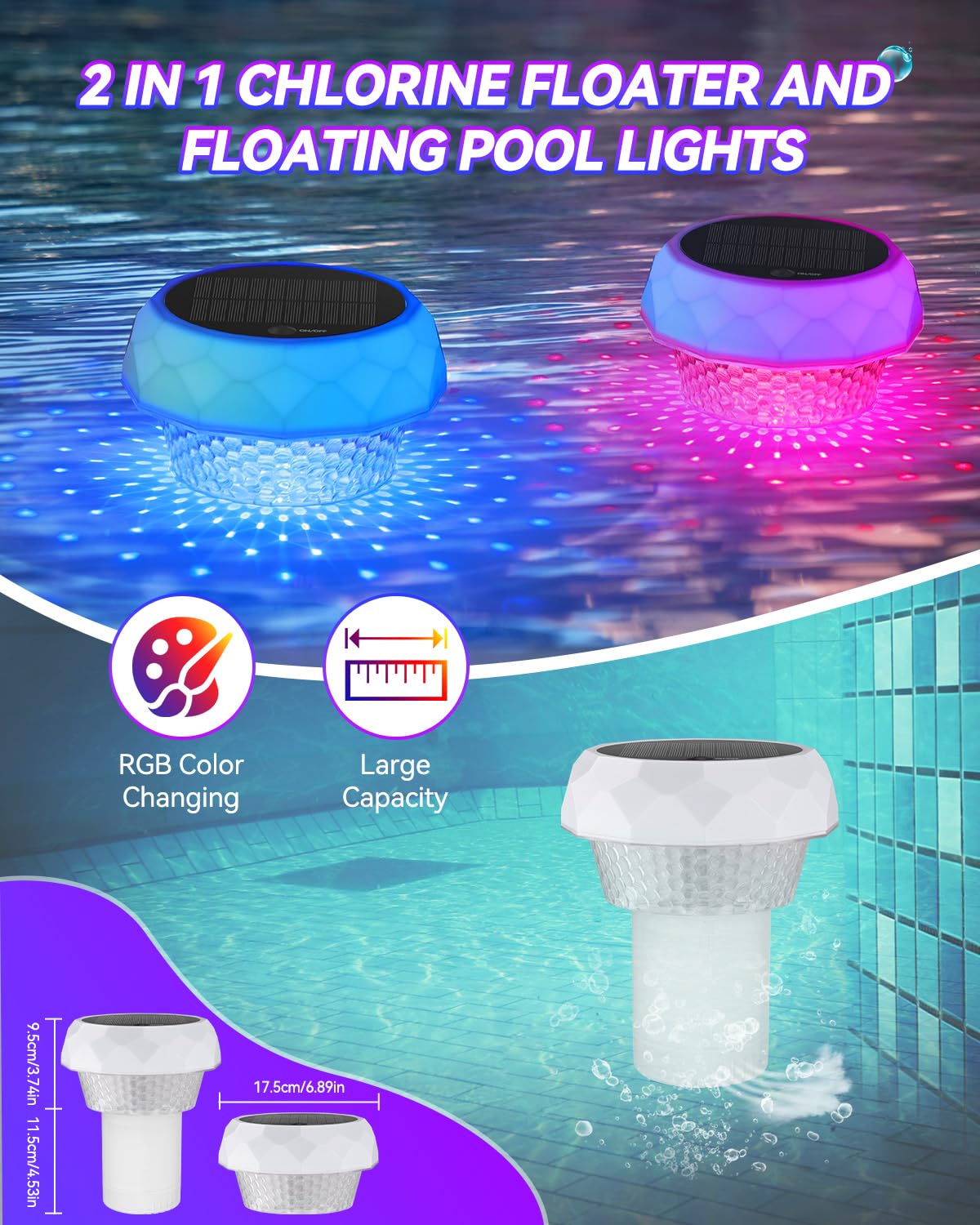 Solarbetriebene schwimmende Desinfektionsleuchte (1) Solar Poolbeleuchtung IP68 Pool Licht 8 Farbwechsel 42 Beleuchtungsmodi Teichbeleuchtung Poolbeleuchtung Solar für Schwimmbad, Party