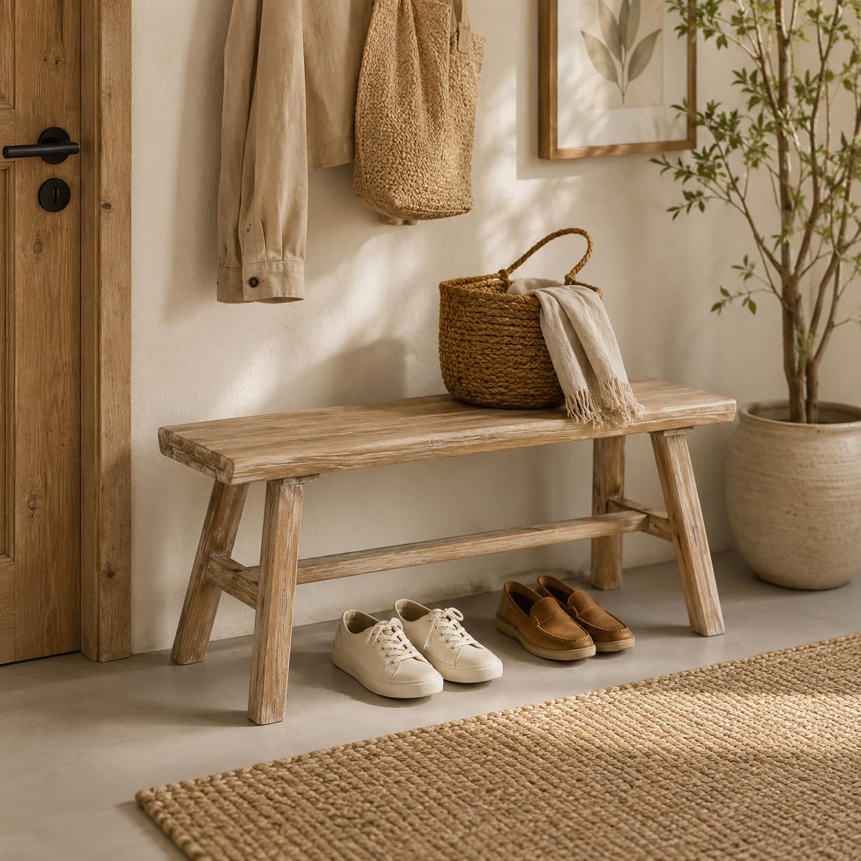 Banco Madera Maciza de Estilo WABI Sabi-Banqueta de Madera Envejecida con Diseño Rústico-Asiento de Madera Natural para Recibidor, Salón, Dormitorio, Comedor y Pasillo 100x32x41cm XZ-24895