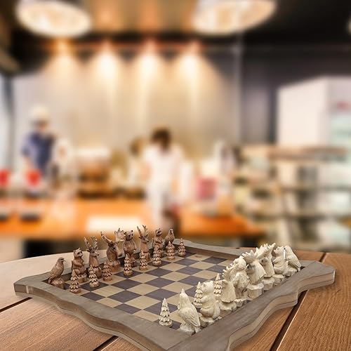 Miniatura 6 de Needzo Juego de ajedrez de madera tallada en el bosque, piezas de vida silvestre hechas a mano, tablero de madera rústica, 15 pulgadas