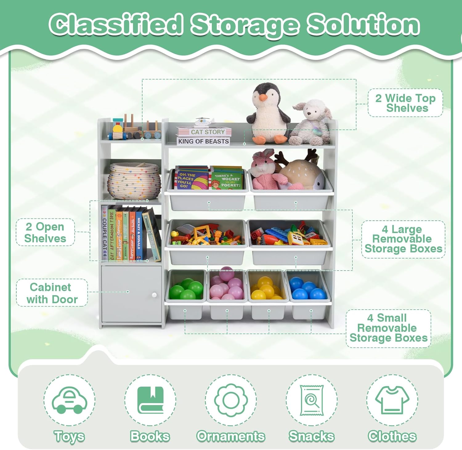 HONEY JOY Kids Toy Storage Organizer, Kids Bookshelf and Toy Storage, Storage Organizer w/8 Storage Boxes, 2 Open Shelves, Cabinet with Door for Playroom, Children's Room, Daycare (Gray)