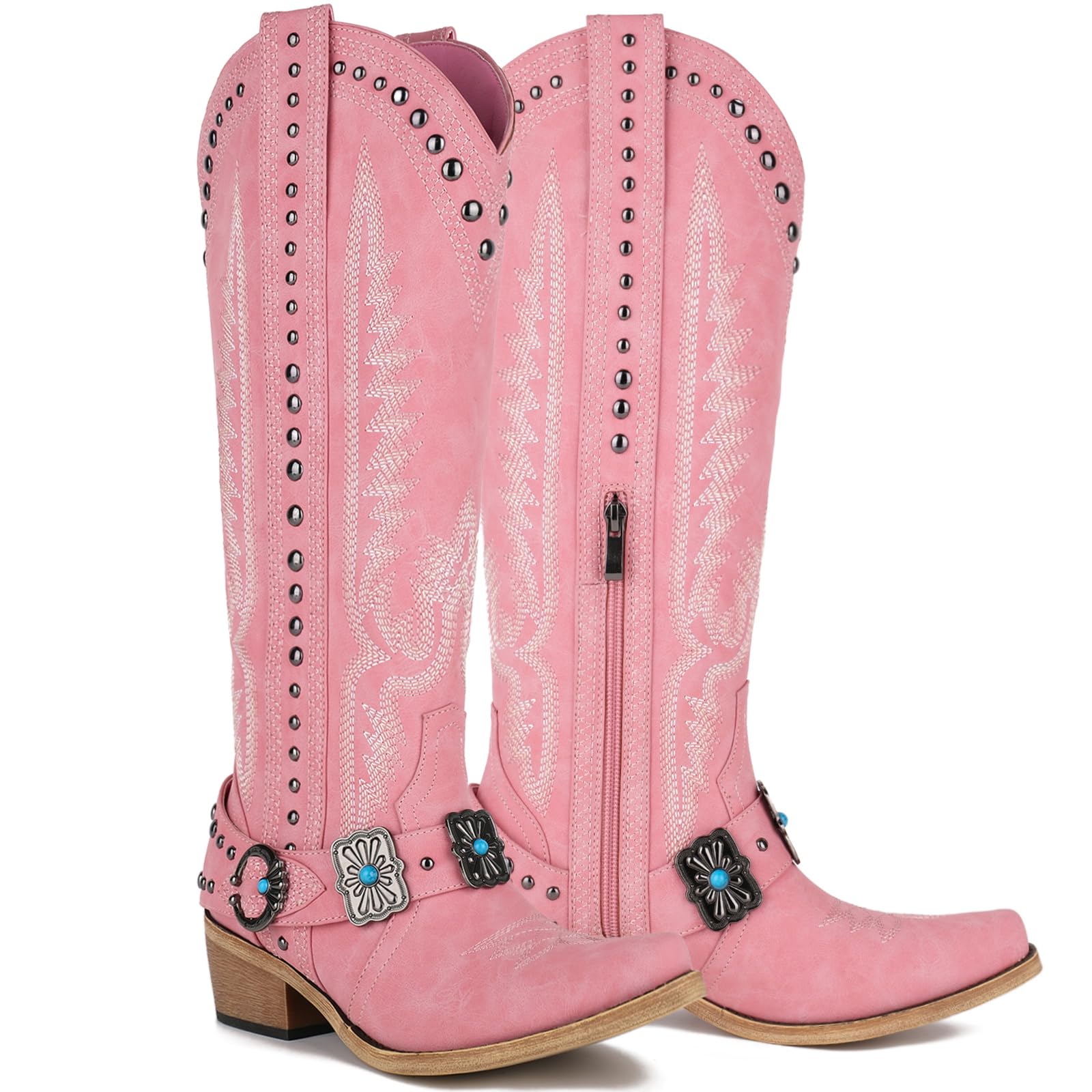 Yolkomo Cowboy Boots for Women Knee High Western Cowgirl Boots with Embroidery Belt Buckle Chains