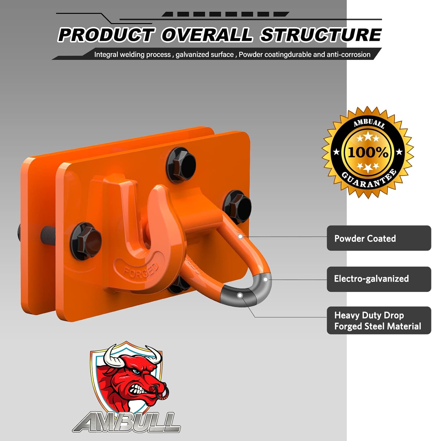 2 Pack Tractor Bucket Hooks with Tie Down Ring, Grade 70 Forged Steel Bolt On Grab Hook Tow Hook Mount with Backer Plate, Work Well for Tractor Bucket, RV, UTV, Truck, Max 15,000 lbs Orange