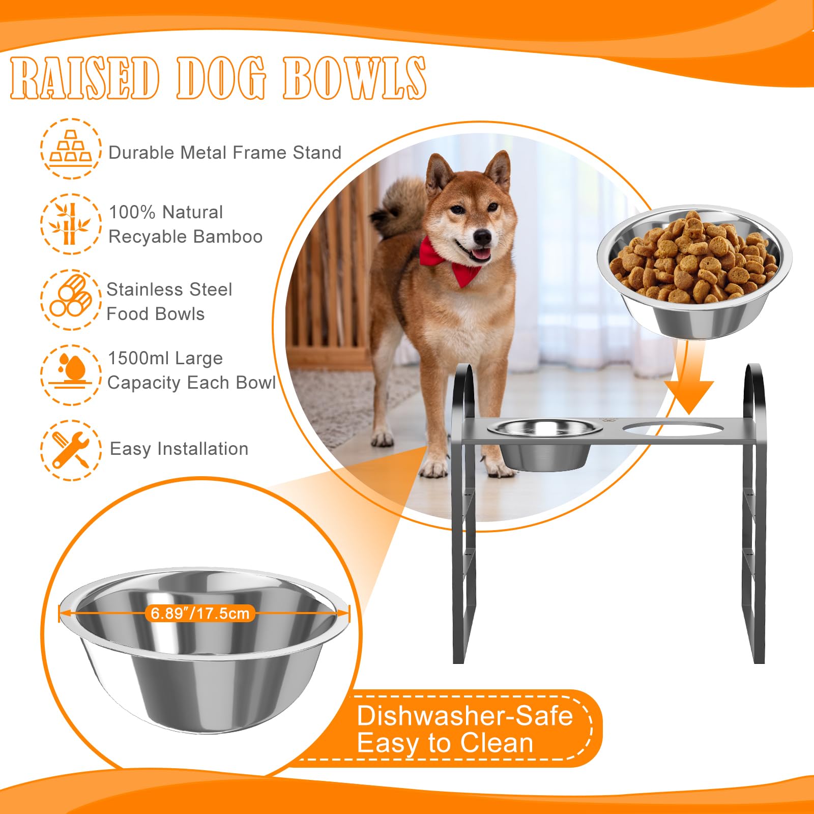 Alpeir Elevated Dog Bowls, Raised Dog Food Bowl Stand with 2 Stainless Steel Bowls, Adjustable Dog Feeder Stand, Grey