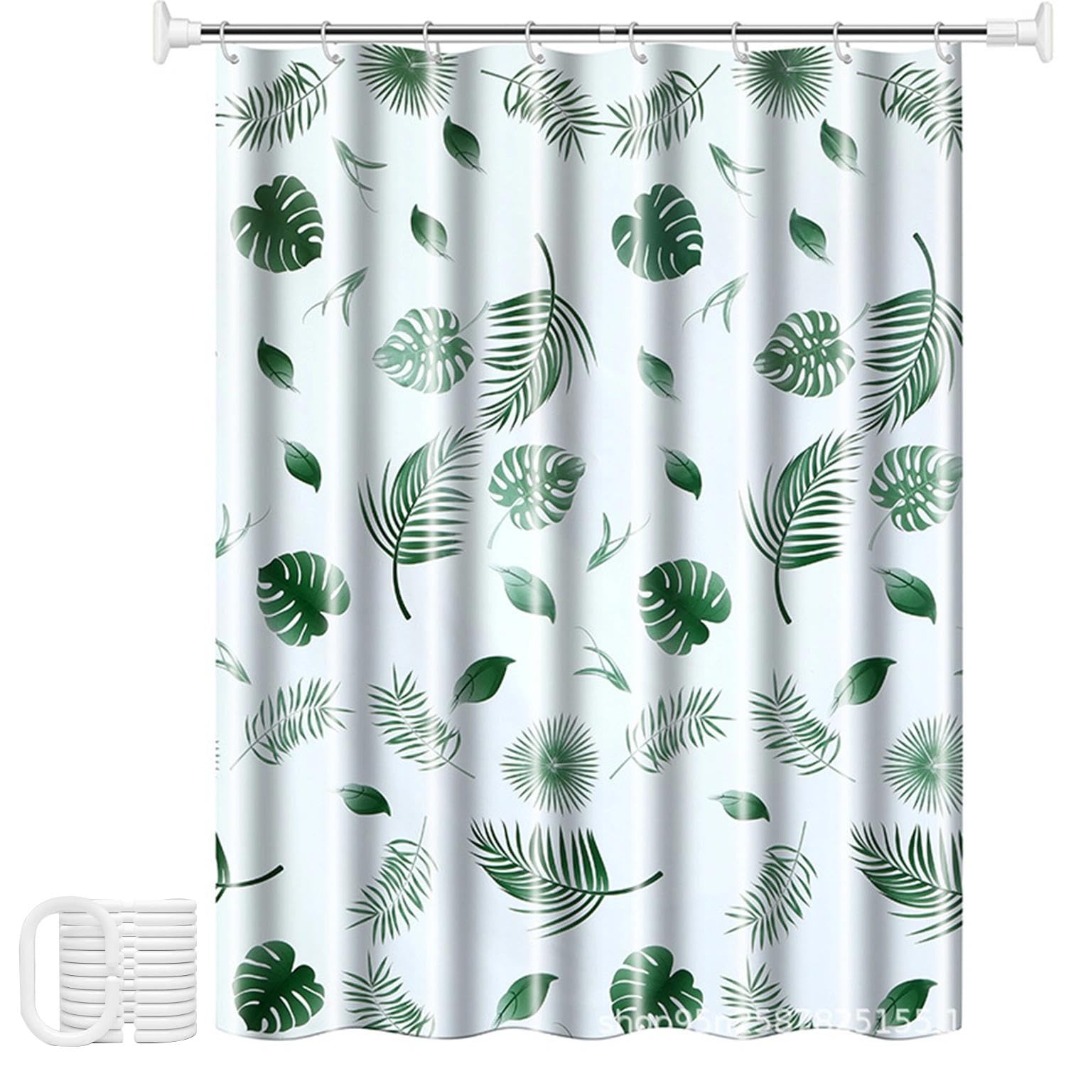 Green Leaves Shower Curtain, 180x180cm Waterproof Mildew Resistant PEVA Bath Curtain with Grommets & Hooks, Washable Stain-Resistant Bathroom Curtain for Home Bathtub Shower Room Bathroom Decor
