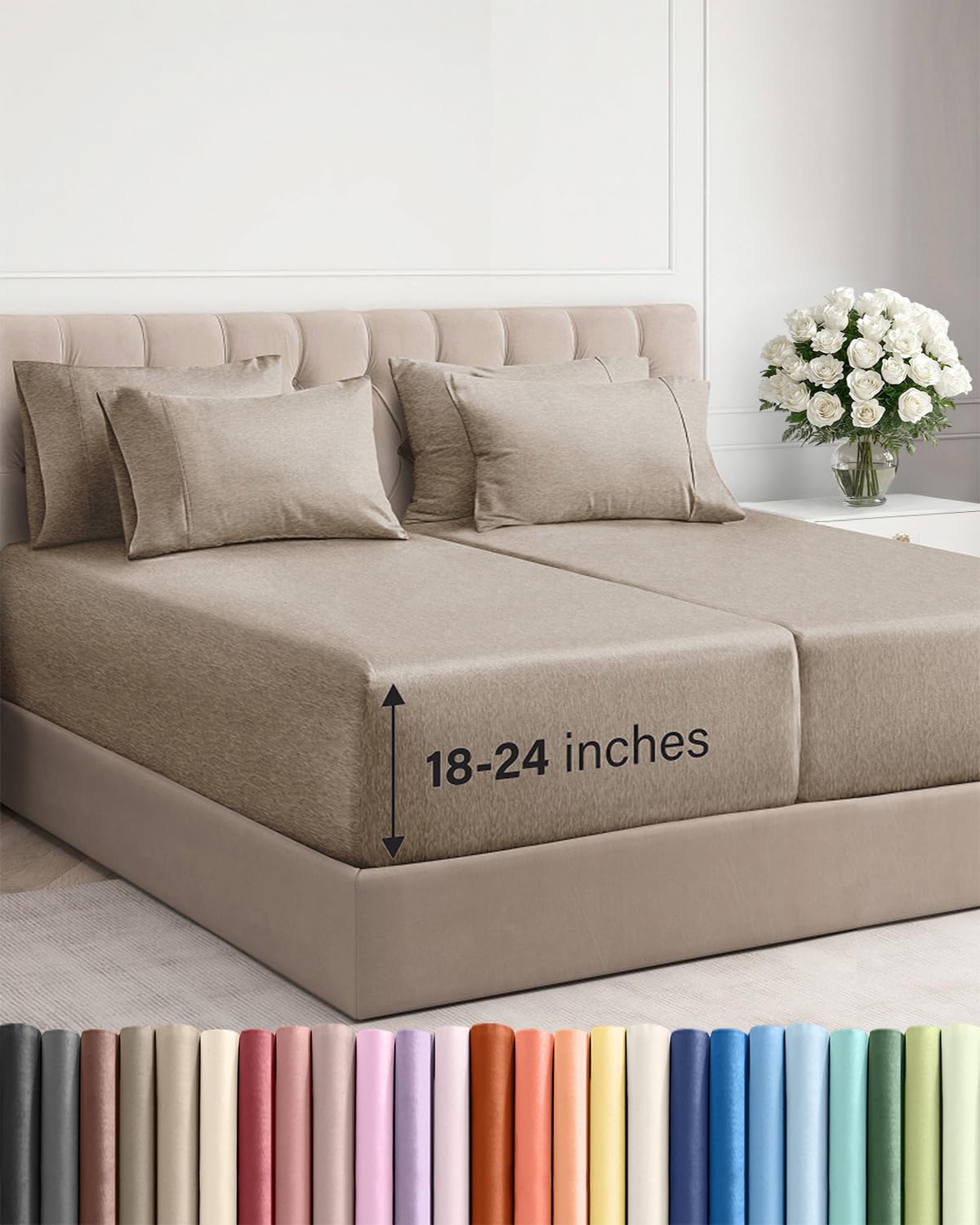 CGK Extra Deep Split King Sheet Set - 7pc Cooling Sheets - Heathered Beige