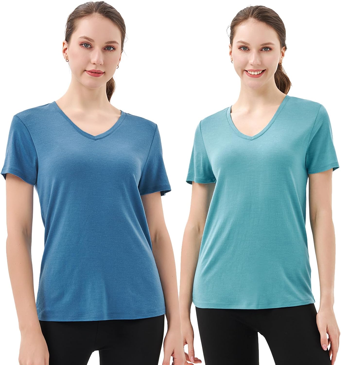 Merino Protect 100% Merino Wool V Neck T-Shirt Women Short Sleeve Shirts Odor Resistance Tops for Outdoor Hiking 2Pack