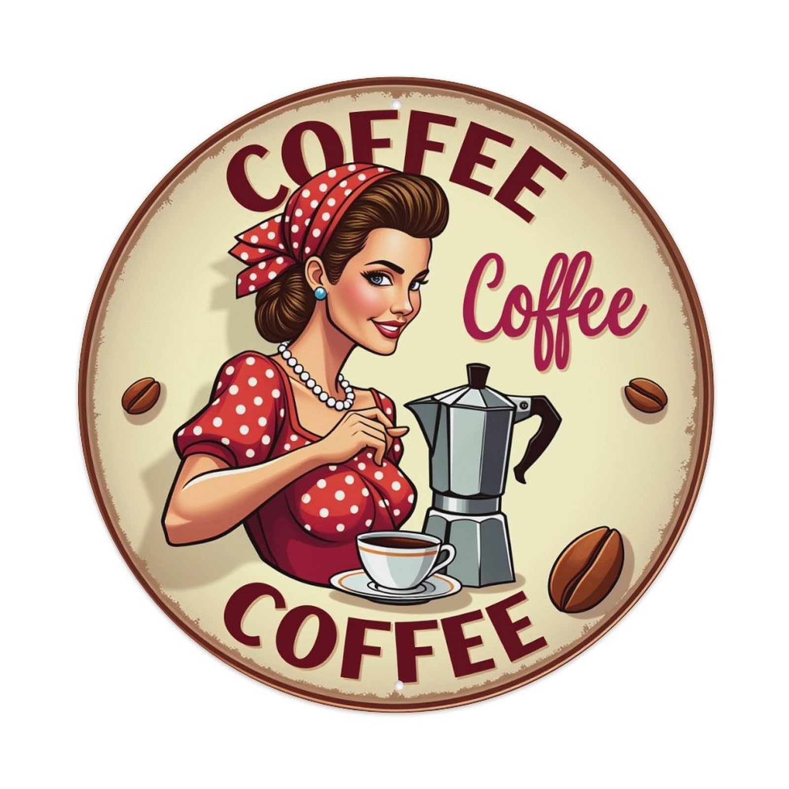 Retro Woman Coffee Pot Cup Round Tin Sign Retro Metal Sign for Cafe Bar Pub Home Game Room Gym Club Wall Decoration Vintage Metal Poster 8x8 Inch