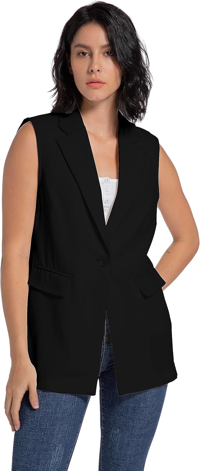 V VOCNI Long Vest for Women Sleeveless Blazer Vest Open Front Button Lapel Duster Trench Cardigan Top - Image 2