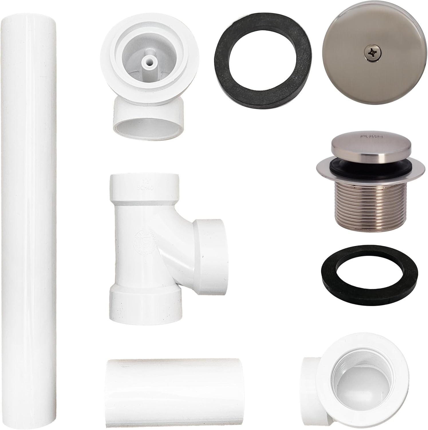 Westbrass A49321-07 14" SCH. 40 PVC Bath Waste & Overflow Assembly with One-Hole Faceplate Cover and Tip-Toe Drain Plug, Satin Nickel