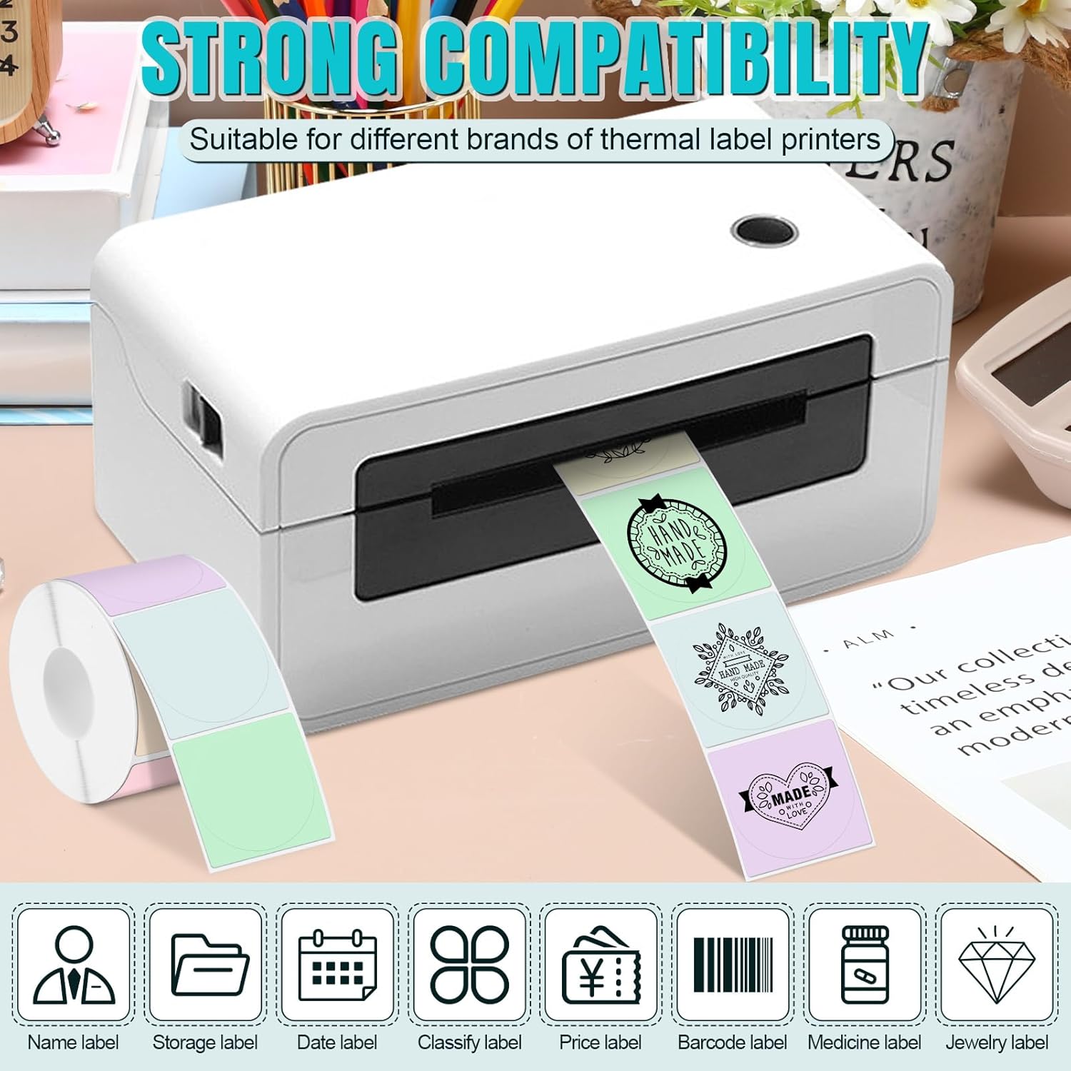 Ctosree 500 Pcs/ 1 Roll Thermal Sticker Labels Self Adhesive Direct Thermal Labels Multipurpose Printer Stickers for DIY, Name Tag(Round,2 Inches,Macaron Gradient Color) - Image 4