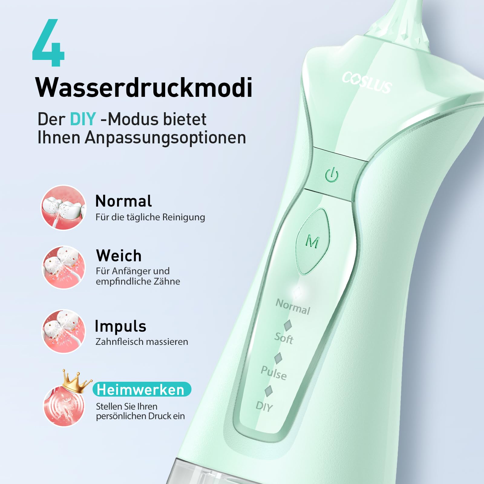COSLUS Idropulsore Dentale Portatile: 300ml Irrigatore Orale Senza Fili, 4 Modalità Idropulsore Dentale, Vincitore del Test 30 Giorni, Facile da Usare, IPX7 Impermeabile, Verde