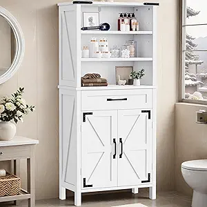 DWVO 58" Tall Storage Cabinet Bathroom Storage Cabinet with Doors and Shelves, Large Floor Cabinet White Bathroom Cabinet Versatile Kitchen Pantry for Kitchen, Dining Room, Pearl White