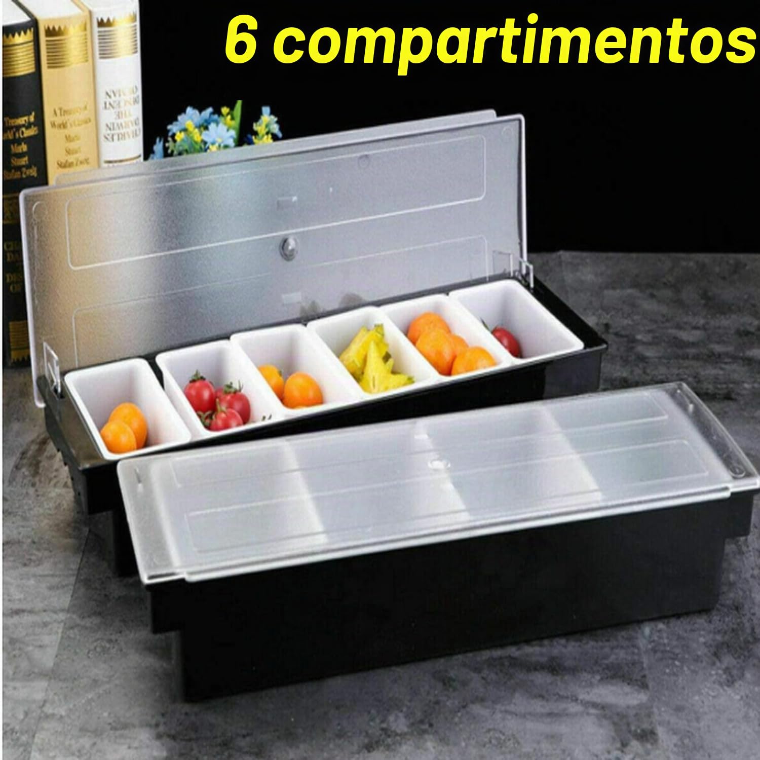 Dispensador de condimentos de plástico, 6 compartimentos, color negro, soporte para condimentos de bar, bandeja de guarnición de cóctel