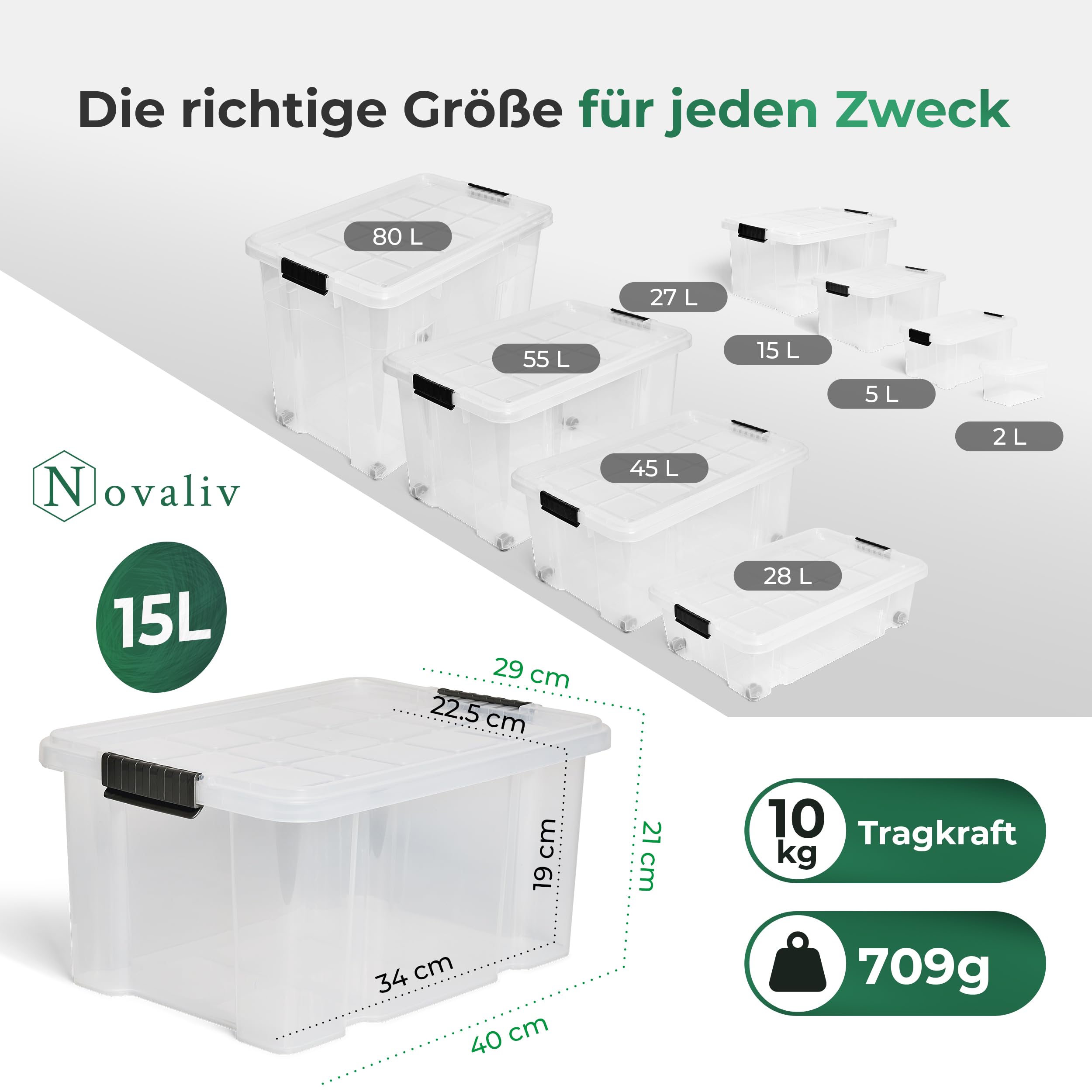 Novaliv 20 scatole portaoggetti con coperchio, 15 l, trasparenti, impilabili, con chiusura a clip, in plastica, senza BPA, 41 x 29 x 20 cm