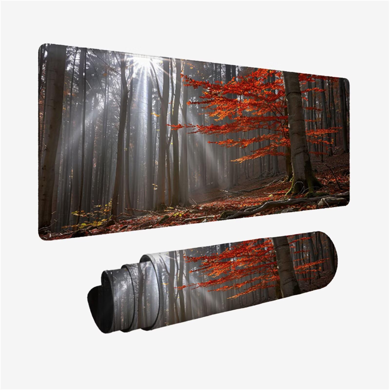 Leśna podkładka pod mysz XXL 1000x400, podkładka pod mysz pod biurko wodoodporna podkładka pod mysz z drzewem, mysz z antypoślizgową podstawą, pod ręką szyte krawędzie, akcesoria do gier, prezent