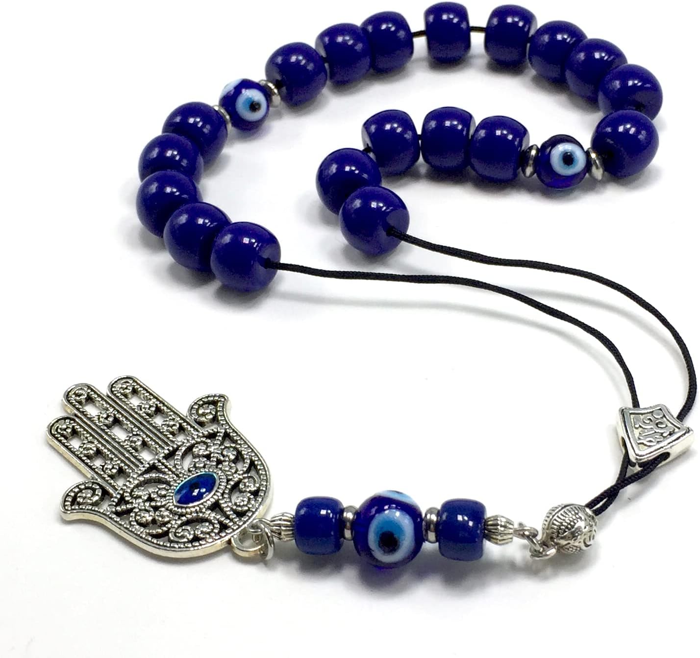 Design - Greek KOMBOLOI Series Worry Beads Begleri Pony Anxiety Beads Rosary Relaxation Stress Relief (Navy Blue Resin & Evil Eye Drum -13X9 mm- 19 Big Beads and Hamsa Tassel)