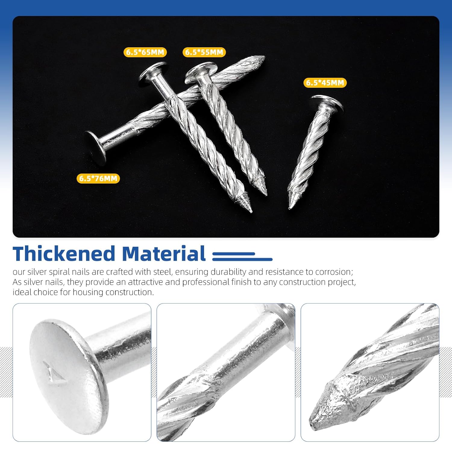 Glarks 50pcs 6.5 x 45mm Thread Twist Nail Kit, Zinc Plated Cement Nails, Steel Nail, Galvanized Solid Nail, Wall Pins Tacks Nails for Cinder Block, Concrete Walls, Cement Board, Woodworking