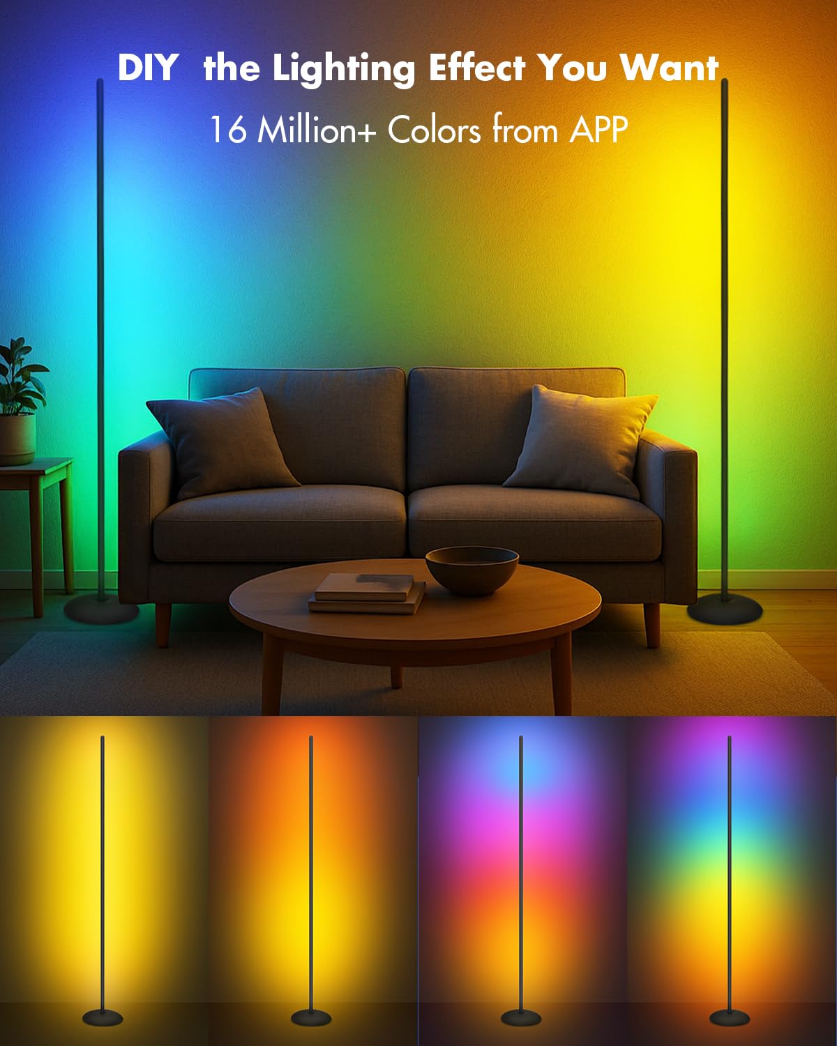 Condition photo showing New/Like New for led corner floor lamp, rgb led corner lamp with app & remote, smart floor lamp with 16 million colors, music sync, scene modes, color changing standing lamps for living room, bedroom