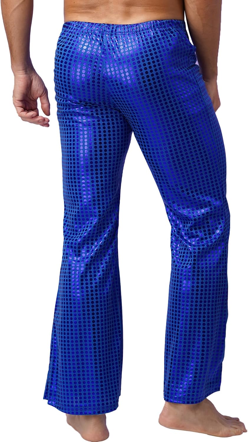 Men's Stylish Stage Performance Elastic Waistband Flared Pants Shiny Sequins Long Dance Trousers
