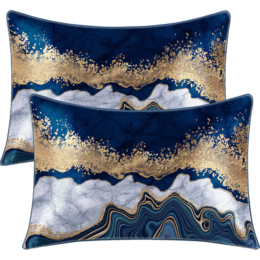 BlessLiving Satin Pillowcase Marble Pillow Cases Set of 2 Bedding Pillowslip Envelope Closure Grey Navy Blue & Gold Marble Pillow Cover for Hair and Skin, Blue,King(20''x40'')