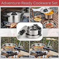 Vista 8 de Juego de utensilios de cocina de acero inoxidable para acampar, sartén con mango desmontable, ollas anidables para mochileros, campamento y cocina