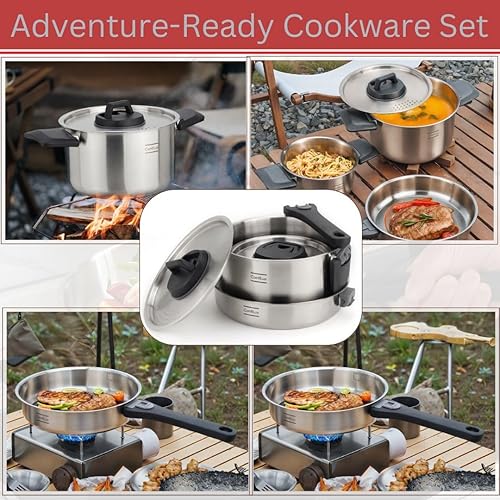 Miniatura 8 de Juego de utensilios de cocina de acero inoxidable para acampar, sartén con mango desmontable, ollas anidables para mochileros, campamento y cocina