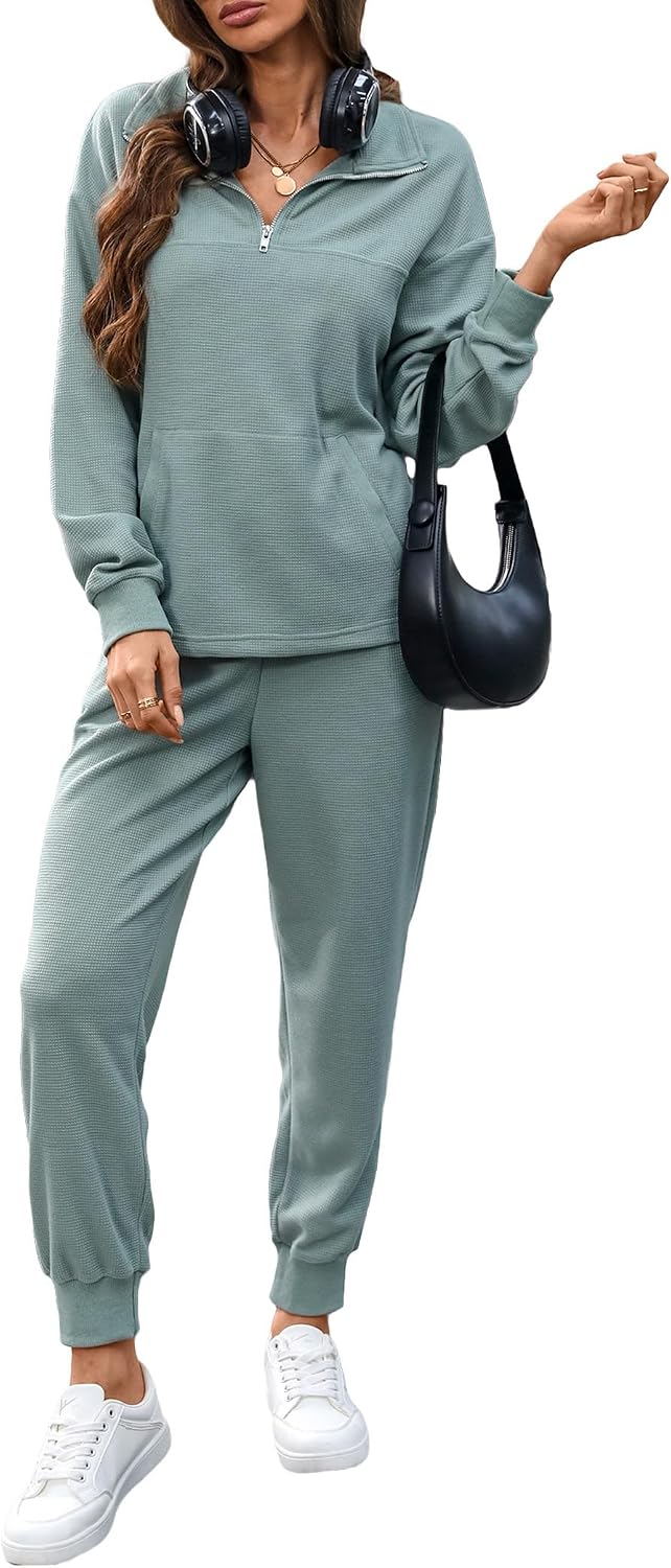 Women's Waffle Knit 2 Piece Lounge Outfits 1/4 Zip Up Top Jogger Set | Long Sleeve Pullover Sweatshirt Tops, Sweatpant Matching Sets, Solid Sweats Track Suits Sets with Pockets