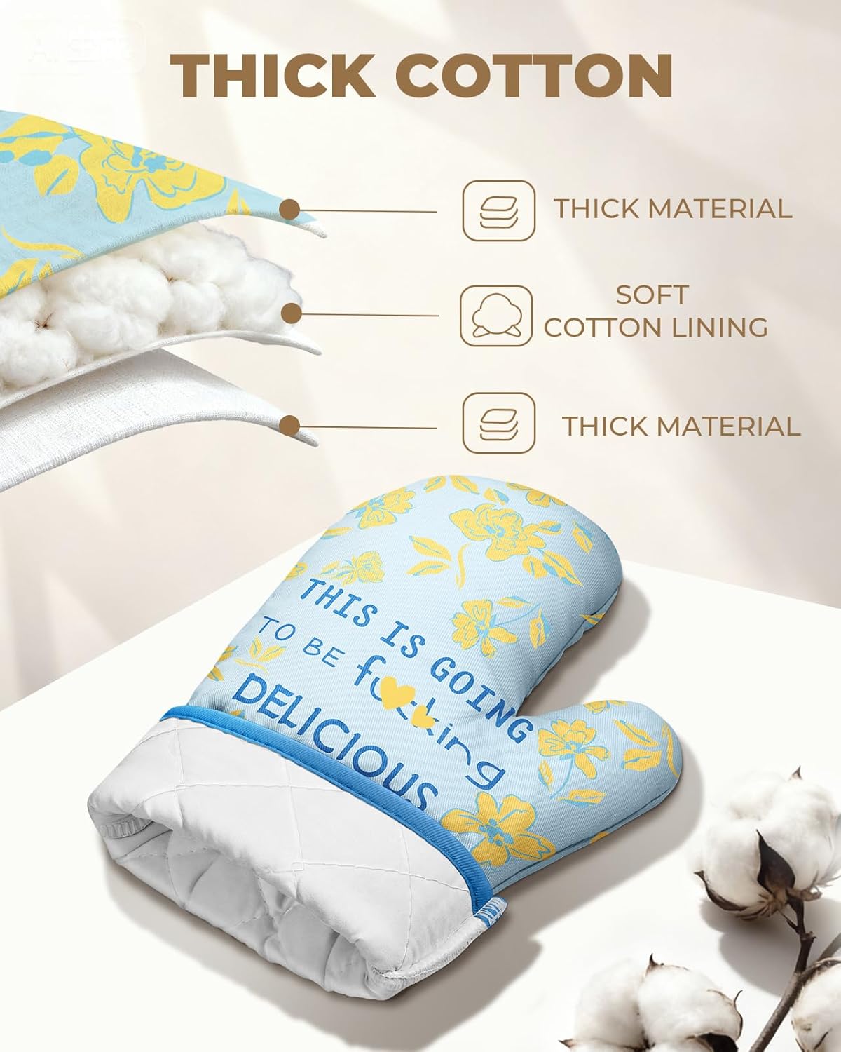 Slohif Funny Oven Mitt Heat Resistant for Women - 1 Pack Blue Cute Novelty Cool Kitchen Oven Mittens with 100% Cotton for Baking and Cooking Accessories (Yellow Flower) - Image 3
