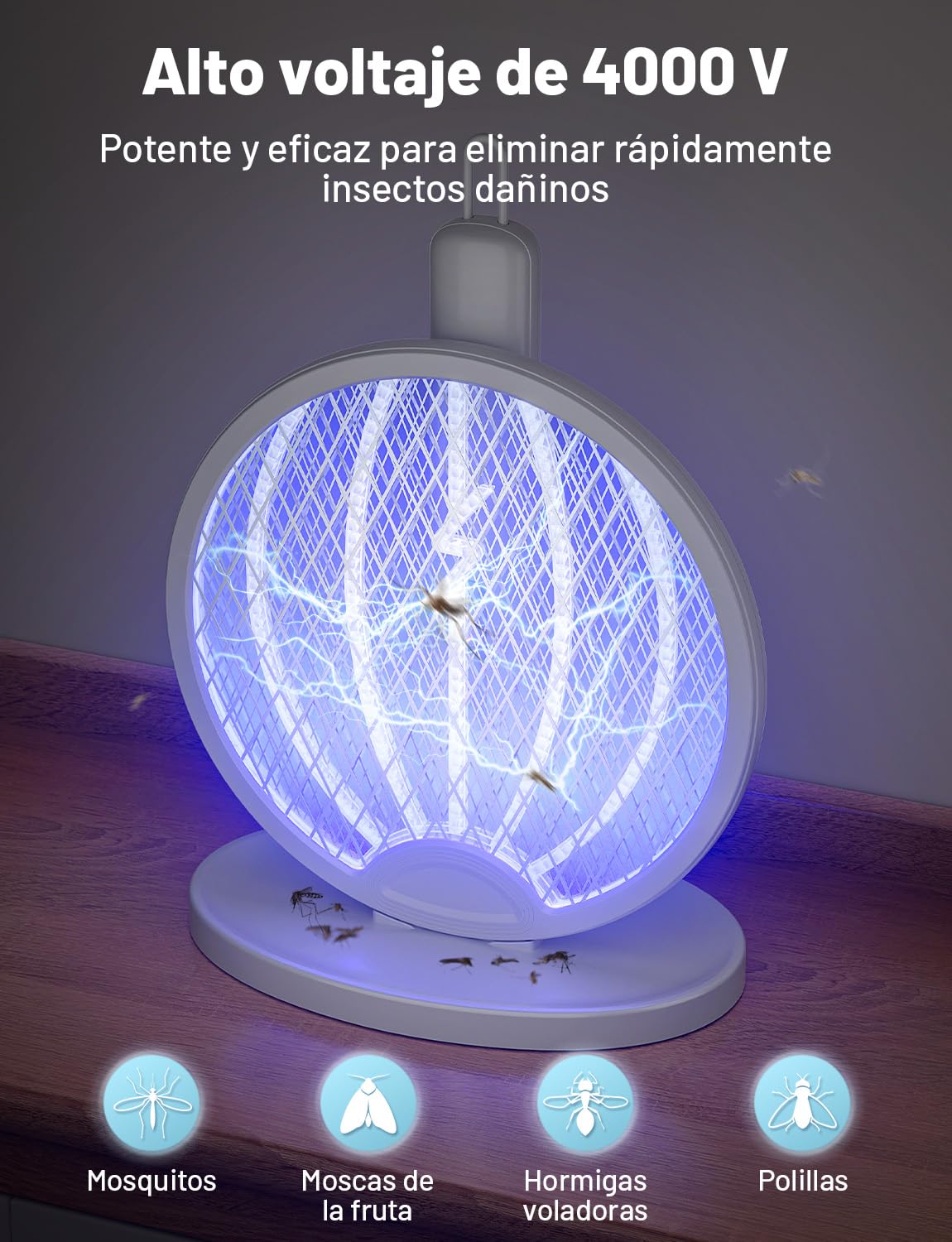 YISSVIC Raqueta Mosquitos Electrica Mata Mosquitos Electrico Plegable 3 en 1 4000V 1800mAh con Base Recargable USB-C Matamoscas Electrico de Luz UV para Mata Mosquitos, Polillas y Hormigas Voladoras - 2