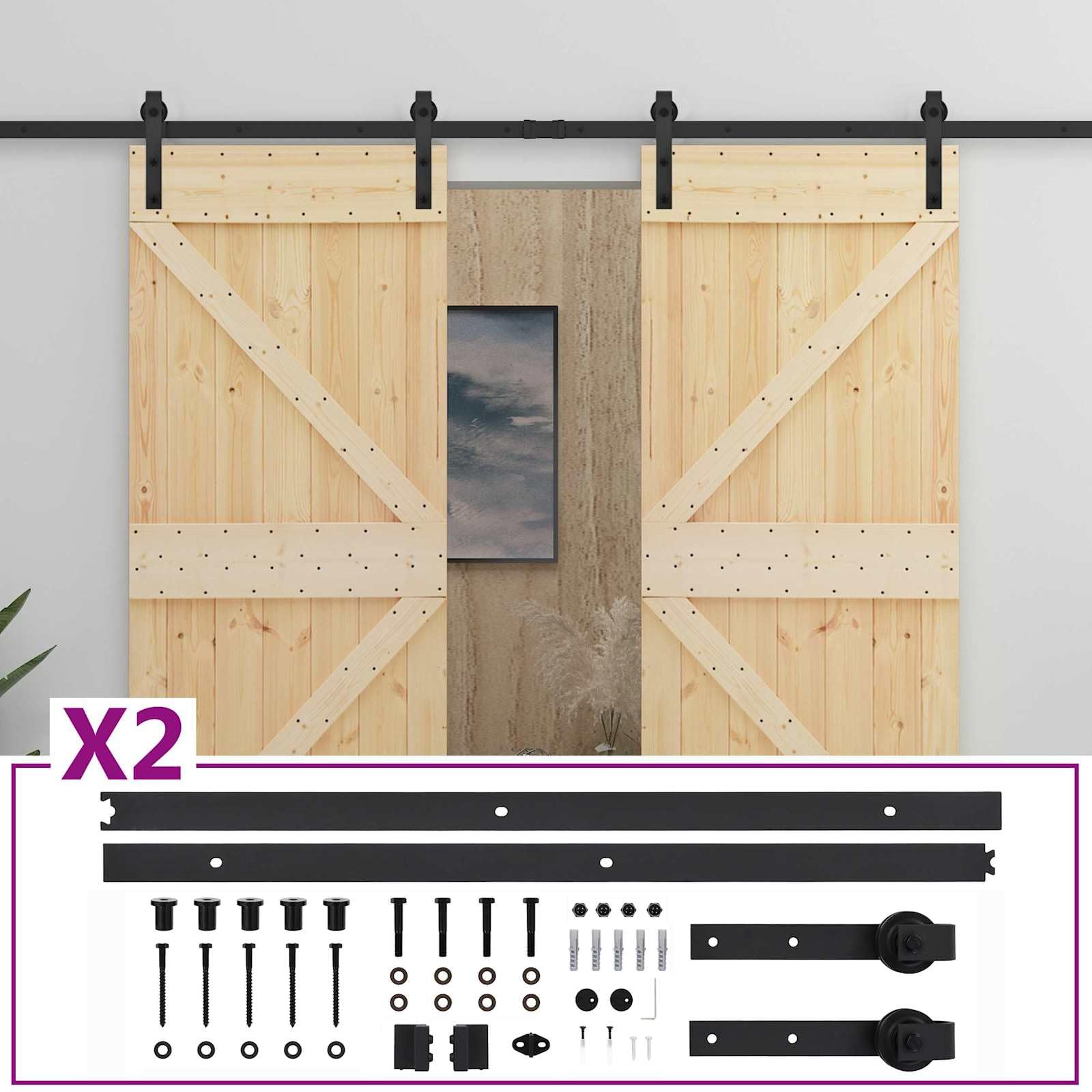 2 porte scorrevoli in legno di pino massiccio naturale e nero, 200 x 5,5 x 210 cm, per interni, con binario scorrevole, fermaporta, ruote per stanze, casa, ufficio, cucina, corridoio