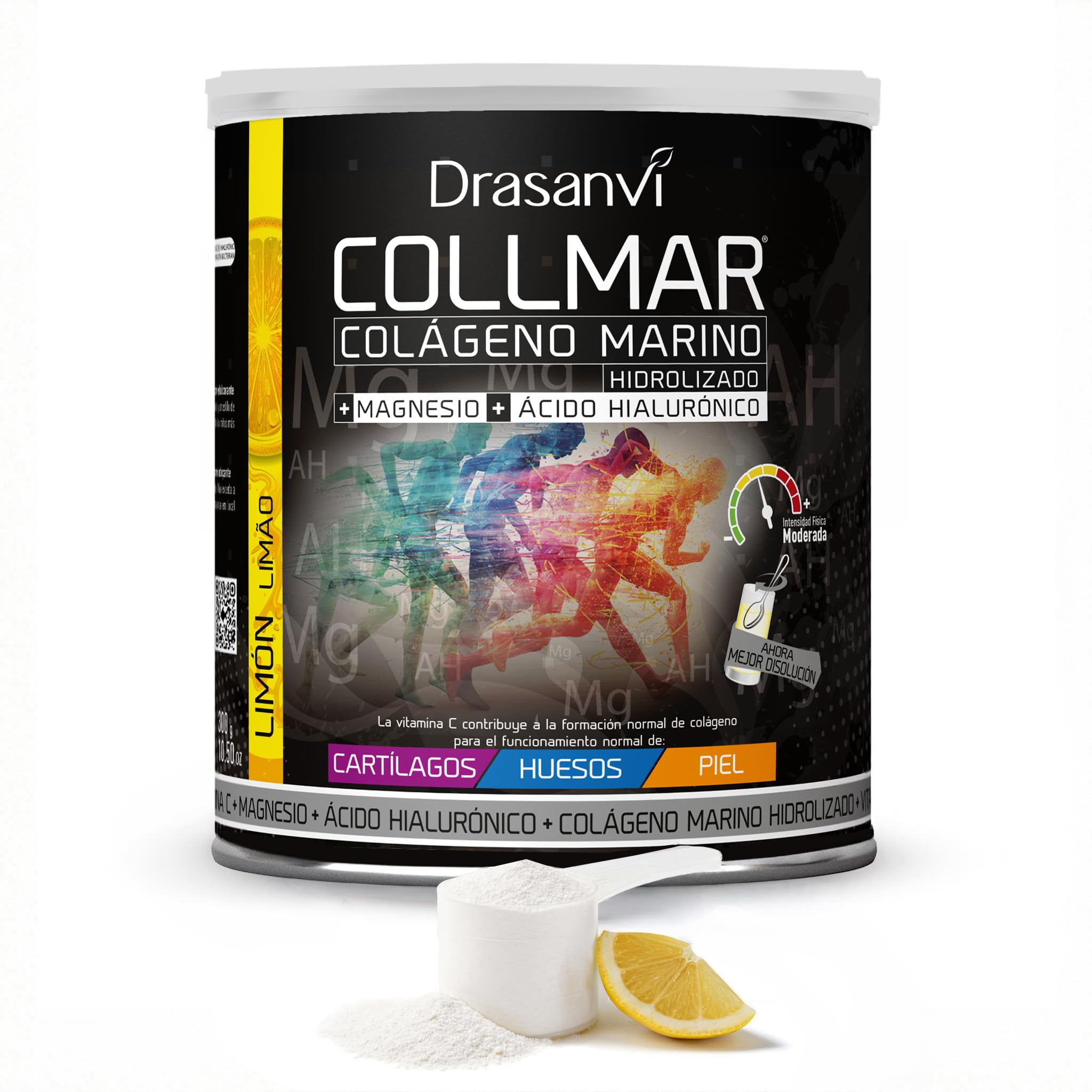 Drasanvi COLLMAR Colágeno Marino Hidrolizado con Ácido Hialurónico, Magnesio, Vitamina C | para Cartílagos, Huesos y Piel |Alta Dosis 9.717 mg/dia |300g de Polvo=28 Días | Sabor Limón