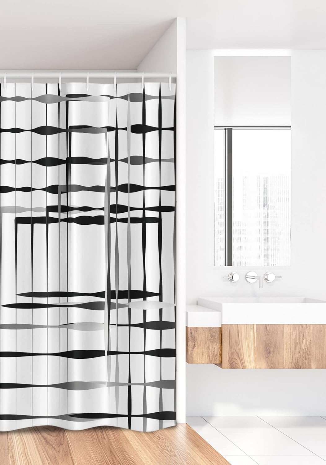 Ambesonne Modern Art Stall Shower Curtain, Minimalist Image Simplistic Spaces and Spare Asymmetric Grids Lines, Fabric Bathroom Decor Set with Hooks, 36" W x 72" L, Black White