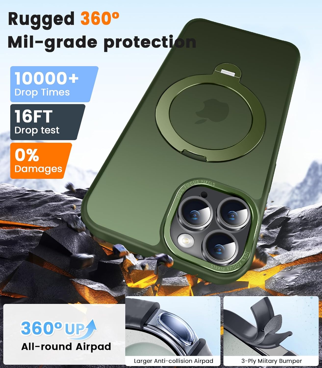 360° Spin Magnetic Stander for iPhone 13 pro Case [Compatible with Magnetic] [Built-in Kickstand] Mil-Grade Protective, Matte Non-Slip for iPhone 13 pro Phone Case(Green)