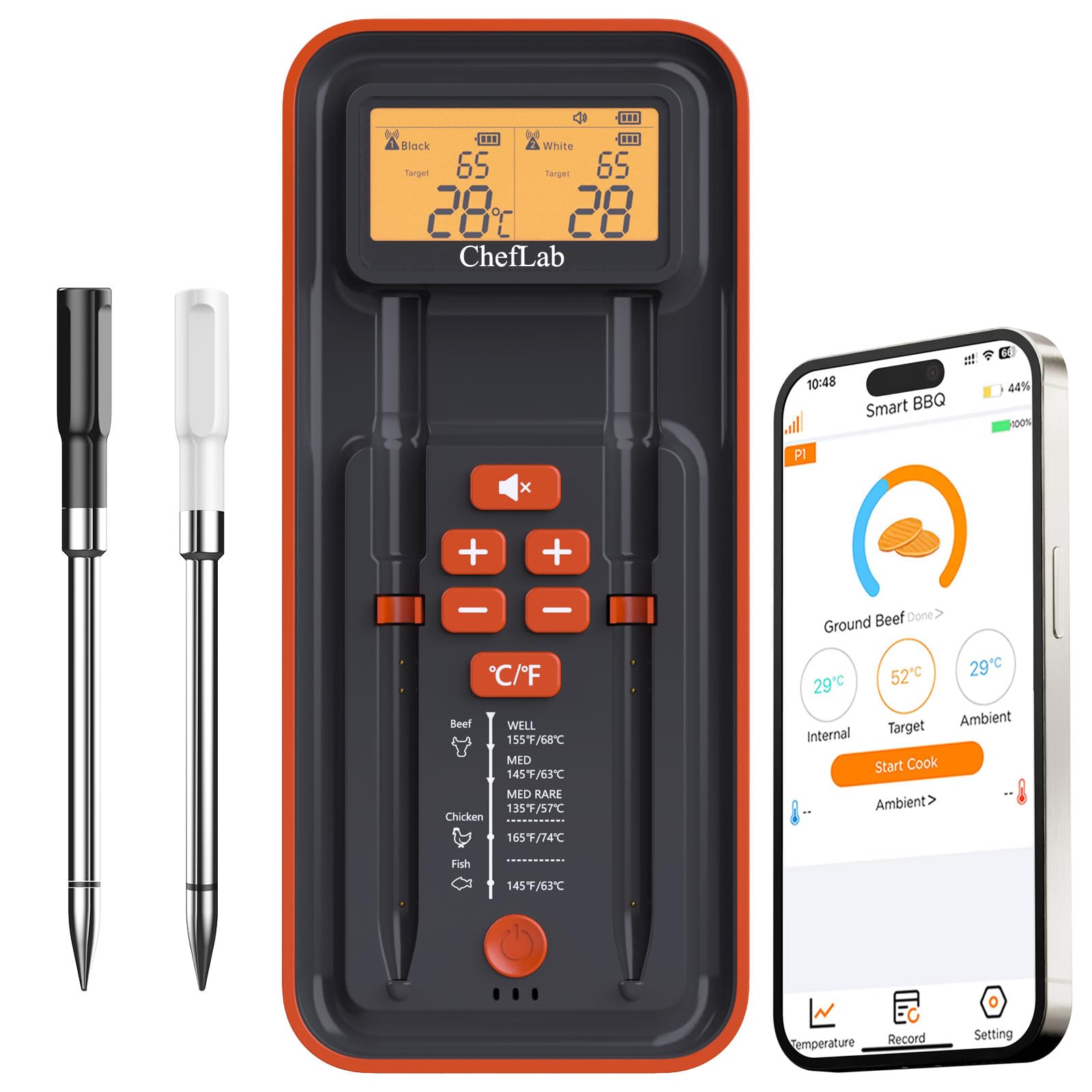 Termómetro de carne AI inalámbrico, 152.4 m de largo alcance, termómetro digital inteligente Bluetooth para parrilla, ahumador, horno, cocina (doble sonda)