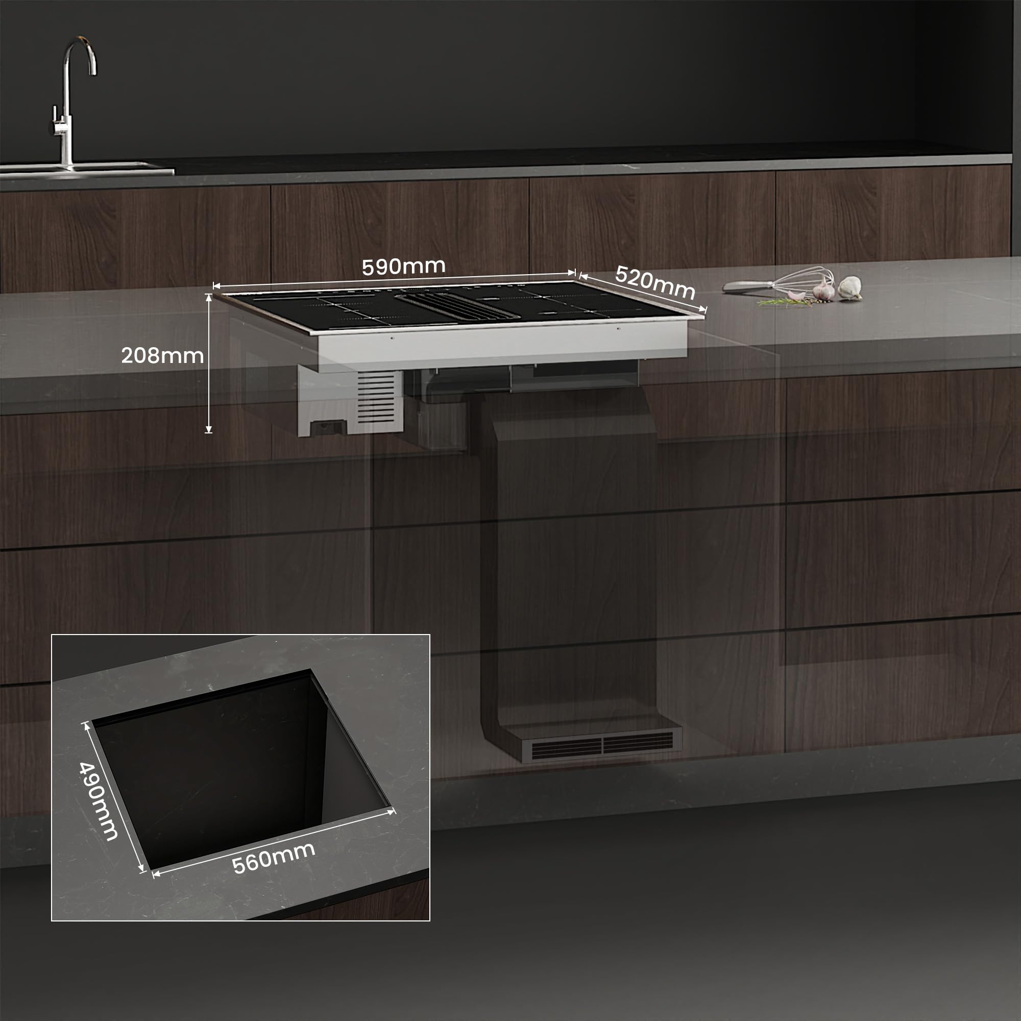 GASLAND IH604BFRB Placa de inducción autónoma de 60 cm con campana extractora integrada, 4 zonas de inducción con marco de acero inoxidable, PowerBoost, 7400W (sin plancha para parrilla)