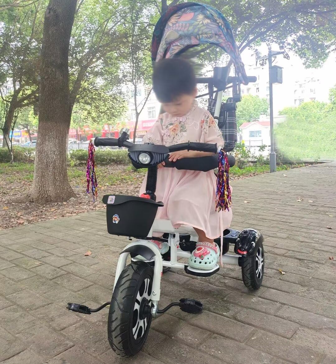 Parent Steering Stroller Tricycle with Parent Handle,Rear Wheel with Double Brakes,Reversible high Back seat with guardrail and Belt,Titanium Wheel,Folding Canopy and footrest Kids Buggies (A with he