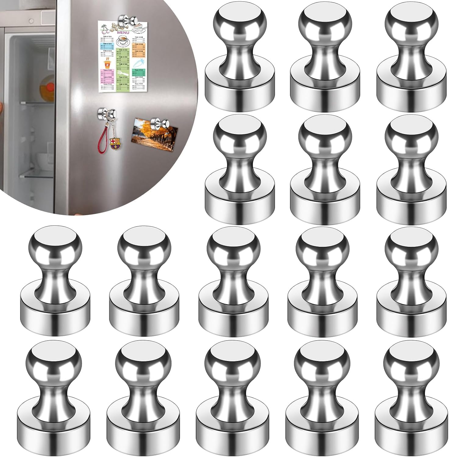 16Pcs Silver Strong Fridge Magnets, Push Pin Thumb Tack Magnets, Heavy Duty Whiteboard Dry Erase Map Magnets, for Kitchen Office School Home Use