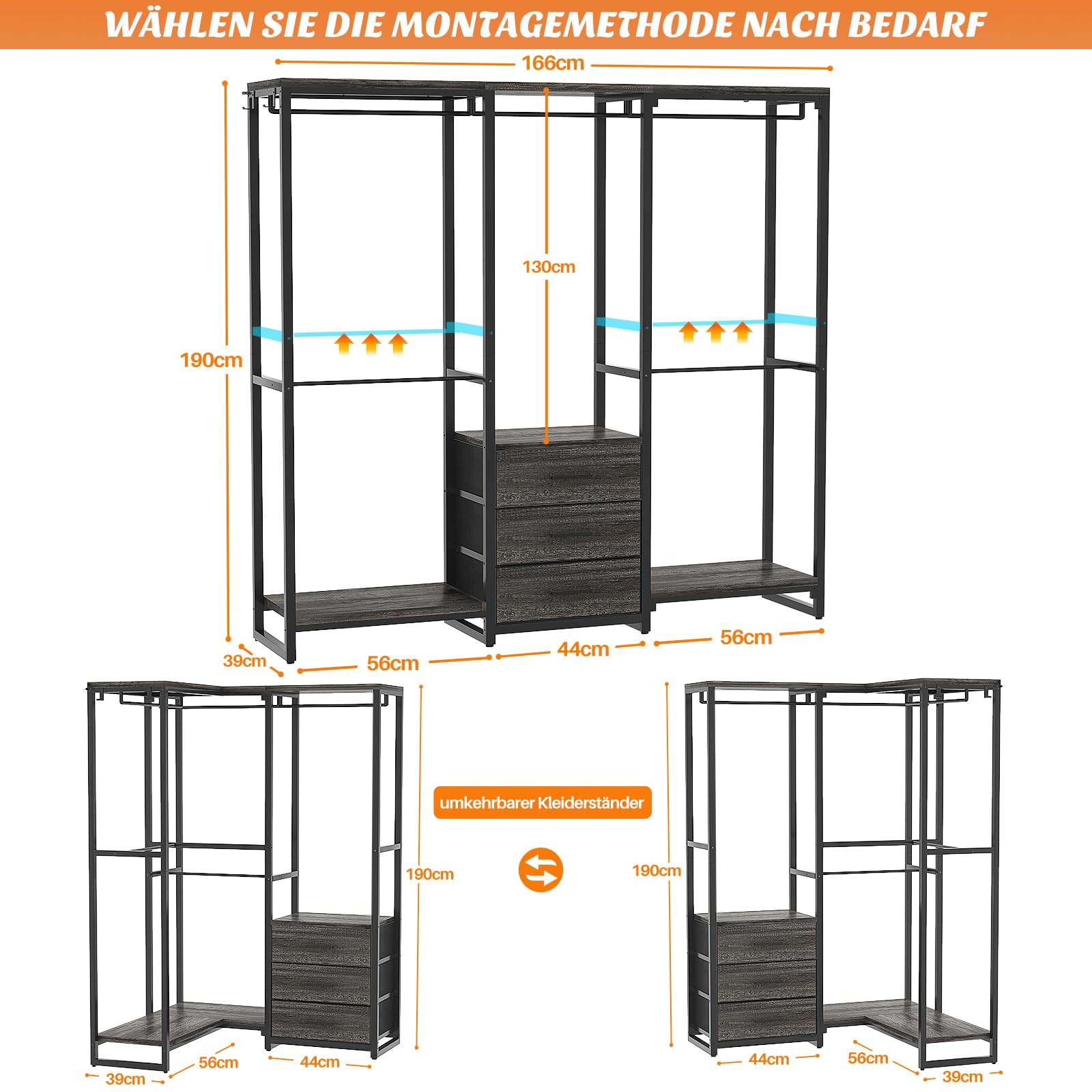 iSunirm Kleiderständer,Robuster Kleiderständer,Kleiderständer mit Schubladen,Freistehender Kleiderschrank,Eck-L-förmiges Schranksystem,Schwarze Eiche
