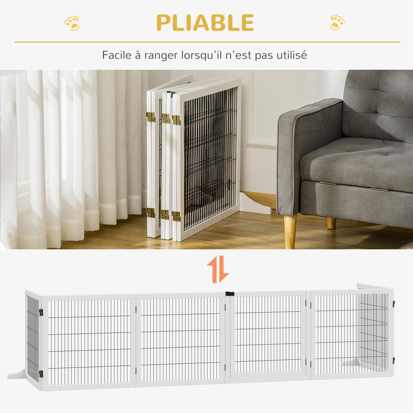 PawHut Barrière de sécurité Chien barrière autoportante barrière modulable Pliable 6 Panneaux 2 Pieds Support Bois de pin 432 x 36 x 70 cm Blanc