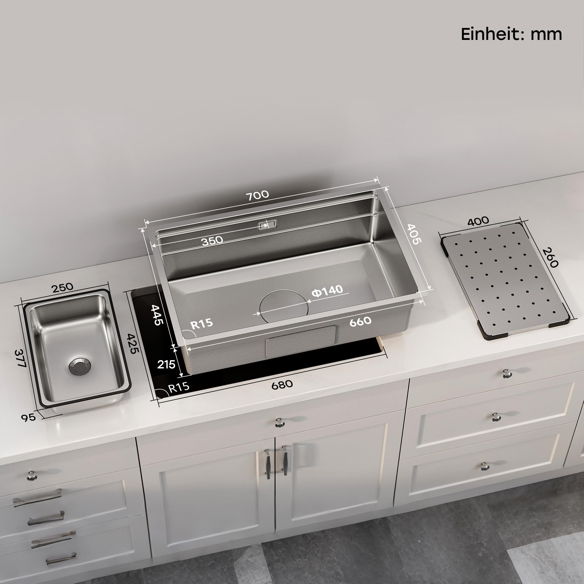 HOROW Spülbecken Edelstahl Multifunktionale 70 × 45 cm mit Siphon Set | Küchenspüle inkl. Schneidebrett und Ersatz-Innenspüle, Großes Fassungsvermögen, ideal für die Familienküche, Schmutzabweisend