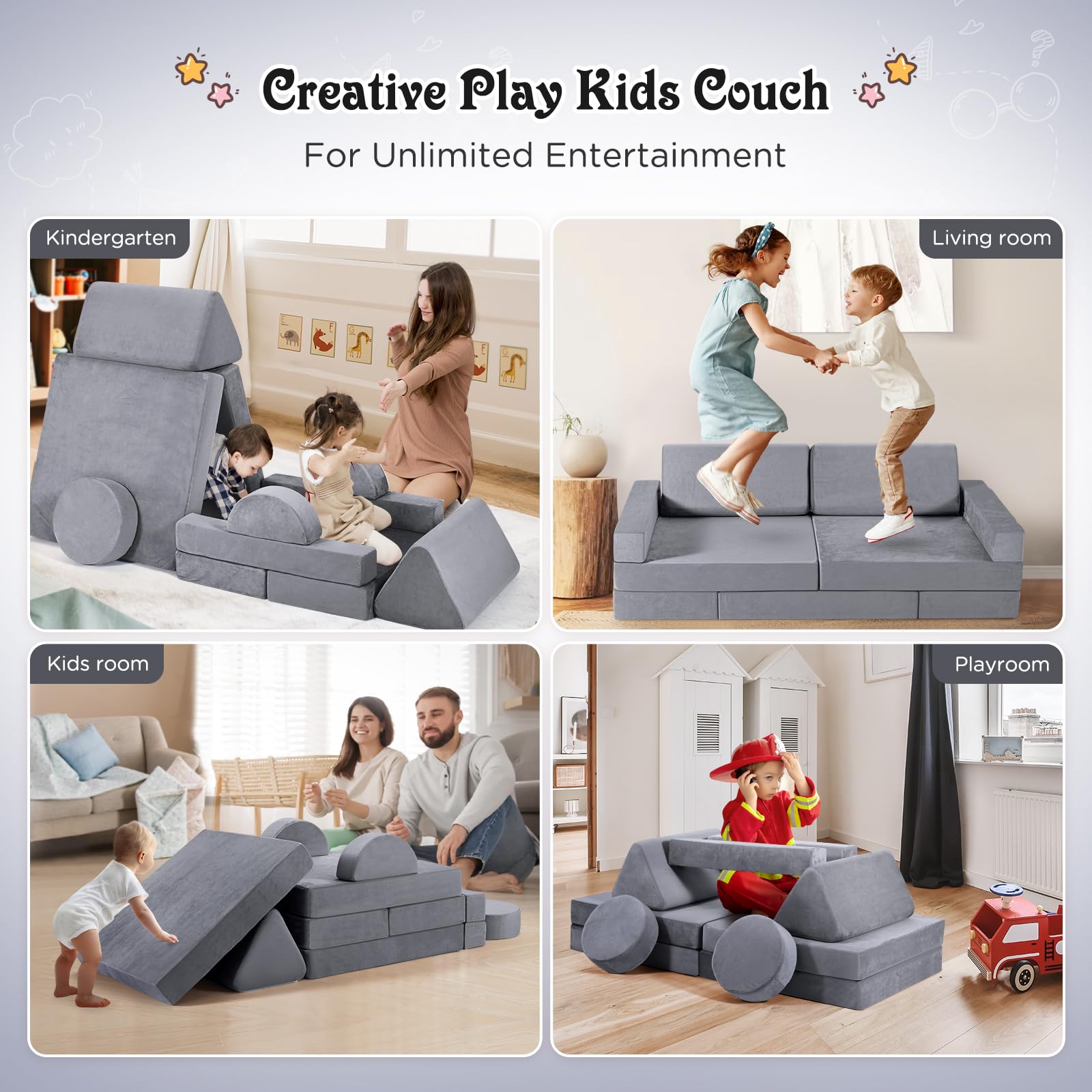 Canapé pour Enfants, canapé pour Enfants avec Blocs de Mousse, canapé modulable Pliable Multi-Styles, pour Espace de Couchage et Salle de Jeux pour Enfants (Gris-14pcs)