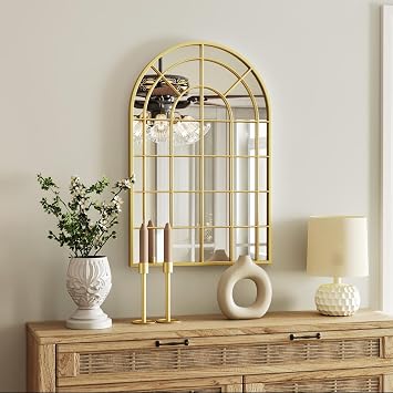 Farmhouse Mirror for Wall Decor, 36" x 24" Large Grid Window Mirrors, Gold Arch Metal Frame Mirror for Living Room, Bedroom,Entryway, Hanging or Leaning Against