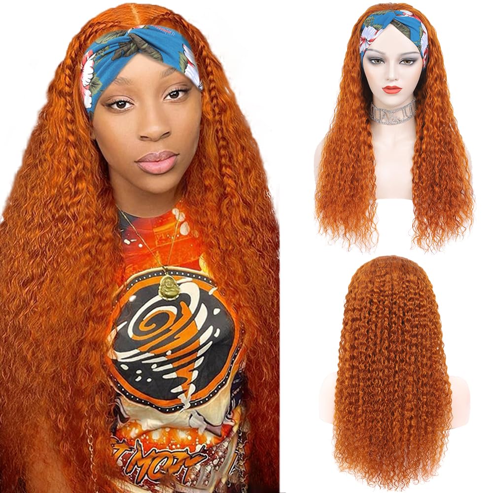 350 Ginger Headband Wigs Human Hair 14 Inch Orange Wig