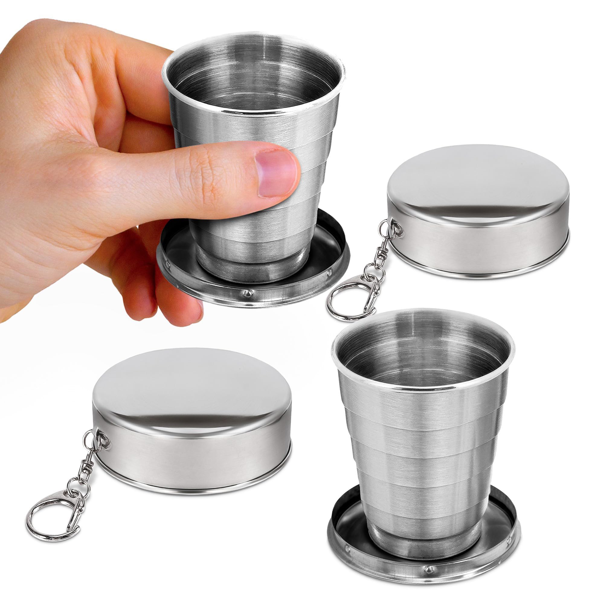 DIMROM Faltbare Becher für Reisen, 75 ml, Edelstahl, Schnapsgläser, Campingbecher, Kaffeetasse, Metall, Schnapsglas mit Deckel, 2 Stück