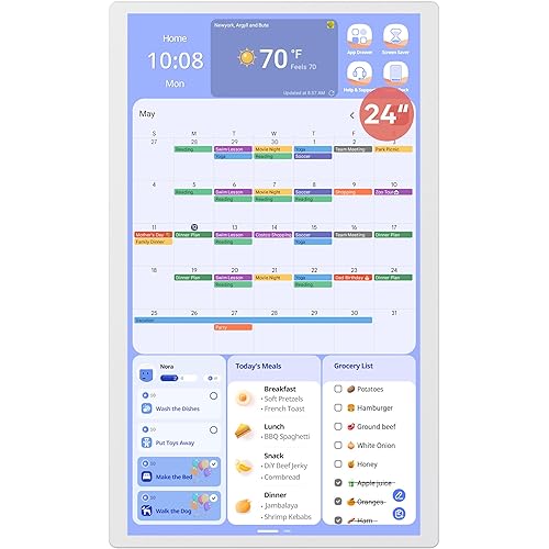 Digital Calendar+ 2: 24 Inch Wall Touch Screen Chore Chart Customize Dashboard Smart Electronic Calendar for Family Schedules Meal Planner Supports All Google Play Apps Wall Mount White