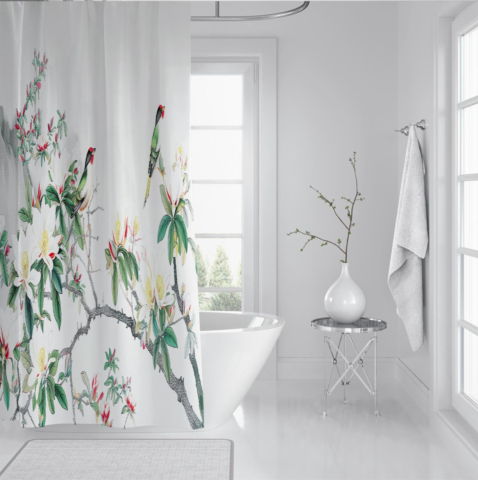 Chinesischer Frühlingsblüten-Duschvorhang Luxus-Badezimmer-Upgrade Maschinenwaschbare Papageien Drucken Weißer Duschvorhang-Liner mit Haken 180x180