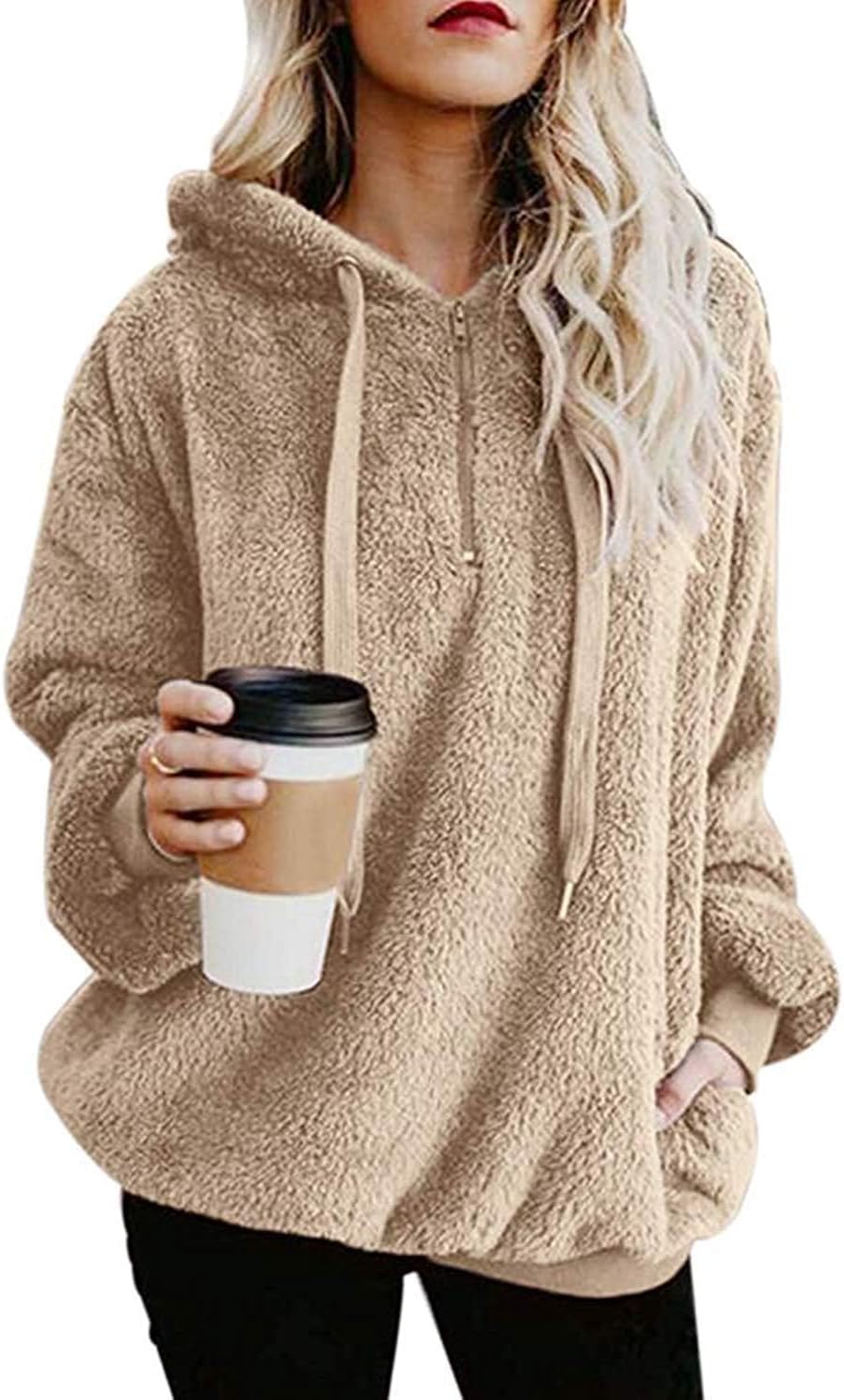 Womens Oversized Sherpa Pullover Hoodie with Pockets Fuzzy Fleece Sweatshirt Plaid Fluffy Jacket Coat