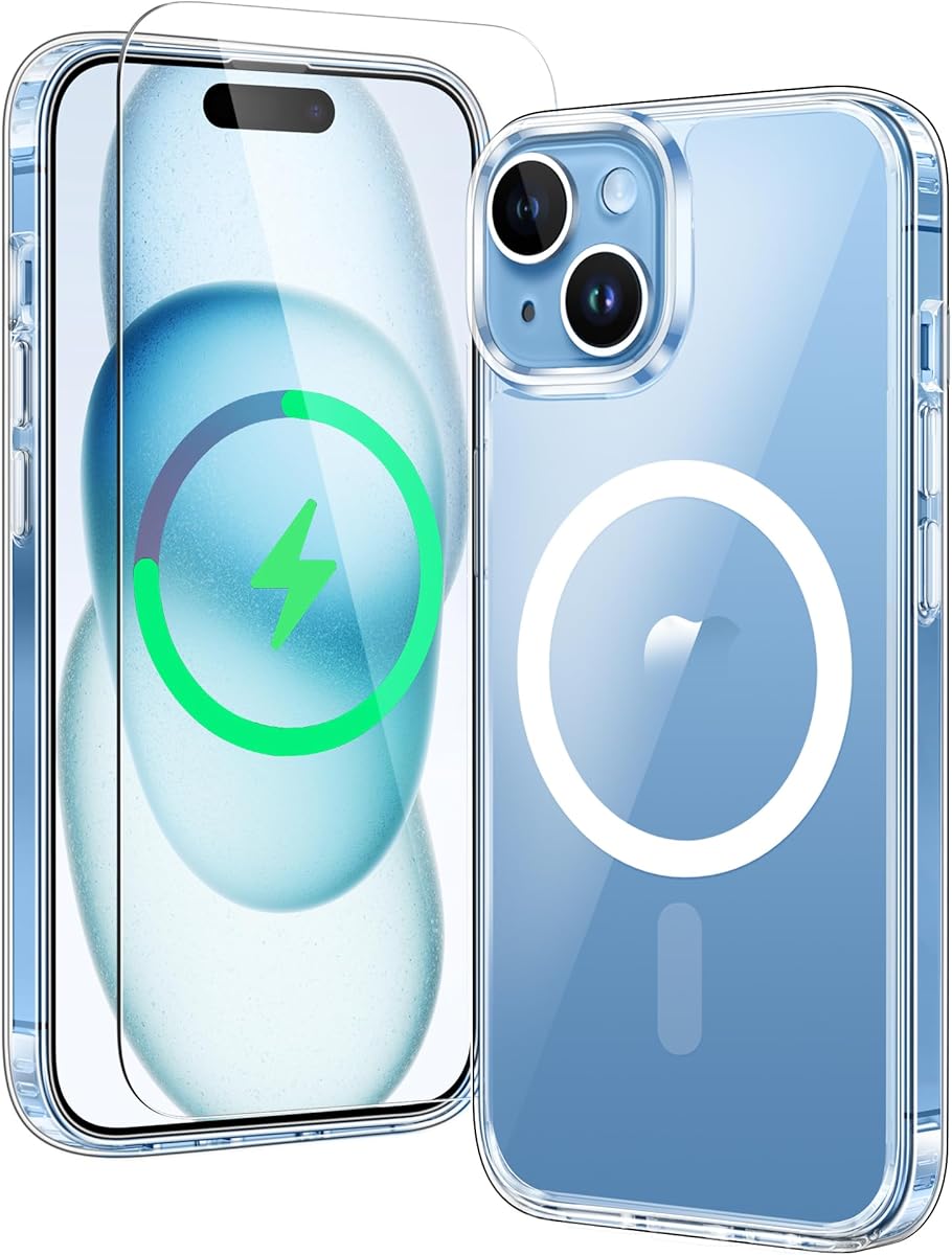 FNTCASE for iPhone 15 Case: for iPhone 14 & iPhone 13 Case | iPhone 16e Case Support Magnetic Charging Military Grade Drop Protection Anti Yellowing | Rugged Shockproof Phone Cover - 6.1 inch (Clear)