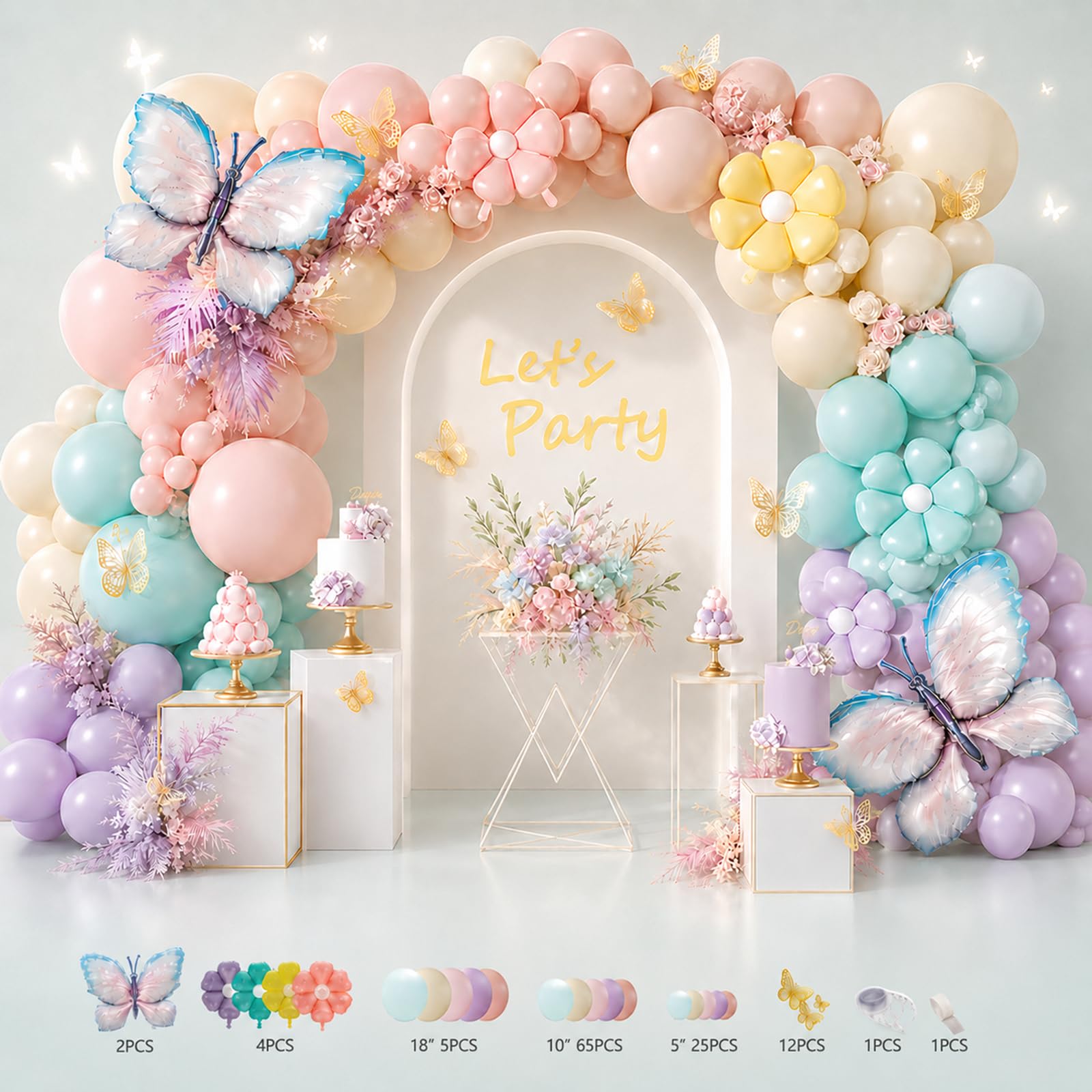 Macaron Butterfly Balloon Arch Kit 115Pcs Party Supplies Pack, Pastel Daisy Garland Decorations with Foil Butterflies for Birthday Baby Shower Wedding Backdrop