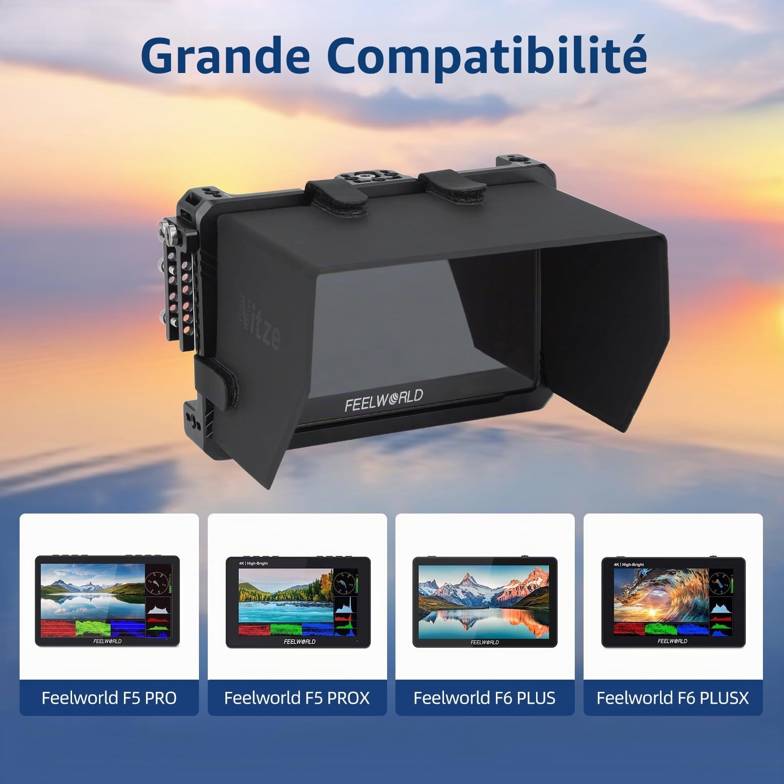 Nitze Cage de Moniteur pour Feelworld F6 PLUSX / F6 Plus / F5 Pro / F5 Prox, avec Serre-Câble HDMI et Pare-Soleil - JT-F05B